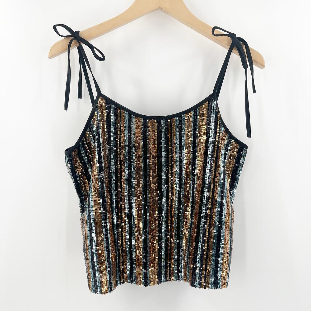 SAY WHAT? Sequin Tank Size Medium Stripe Button Back Tie Straps Open Back Party